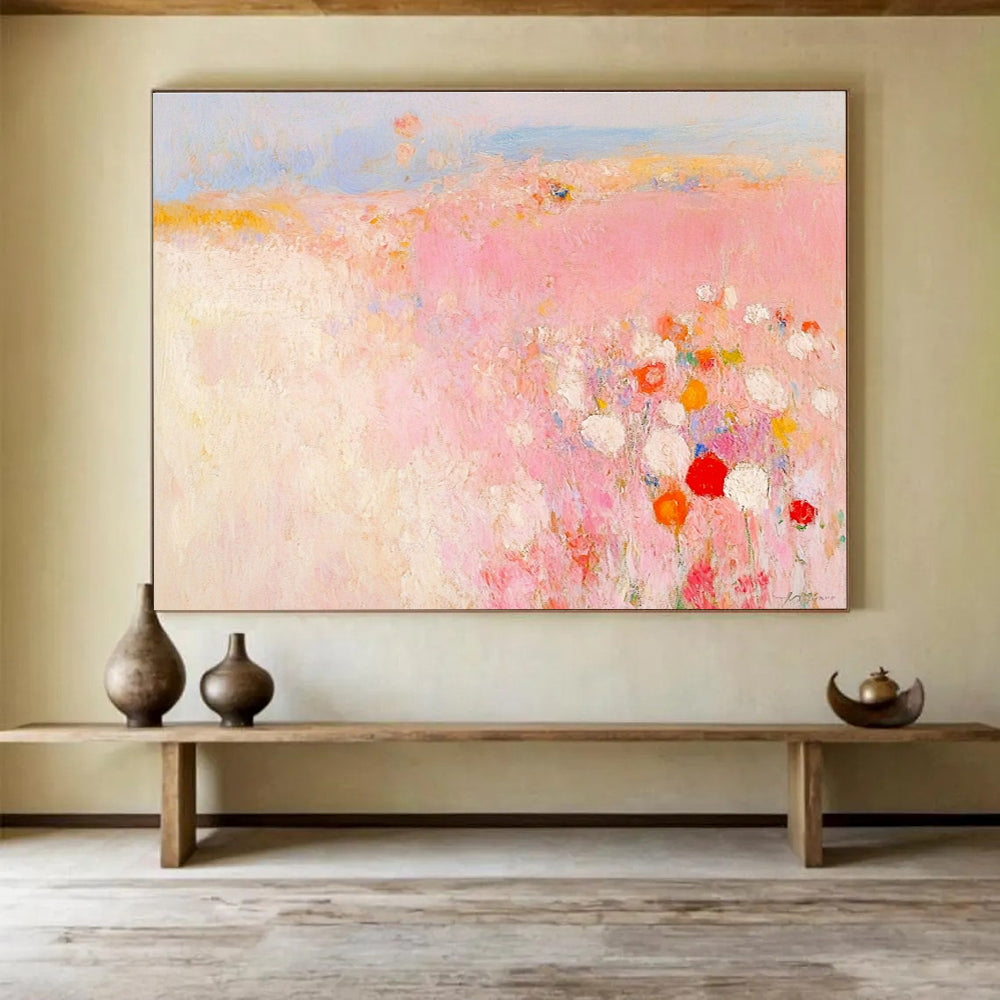 Pink Field Abstract Painting with Soft, Romantic Blossoms ABS508