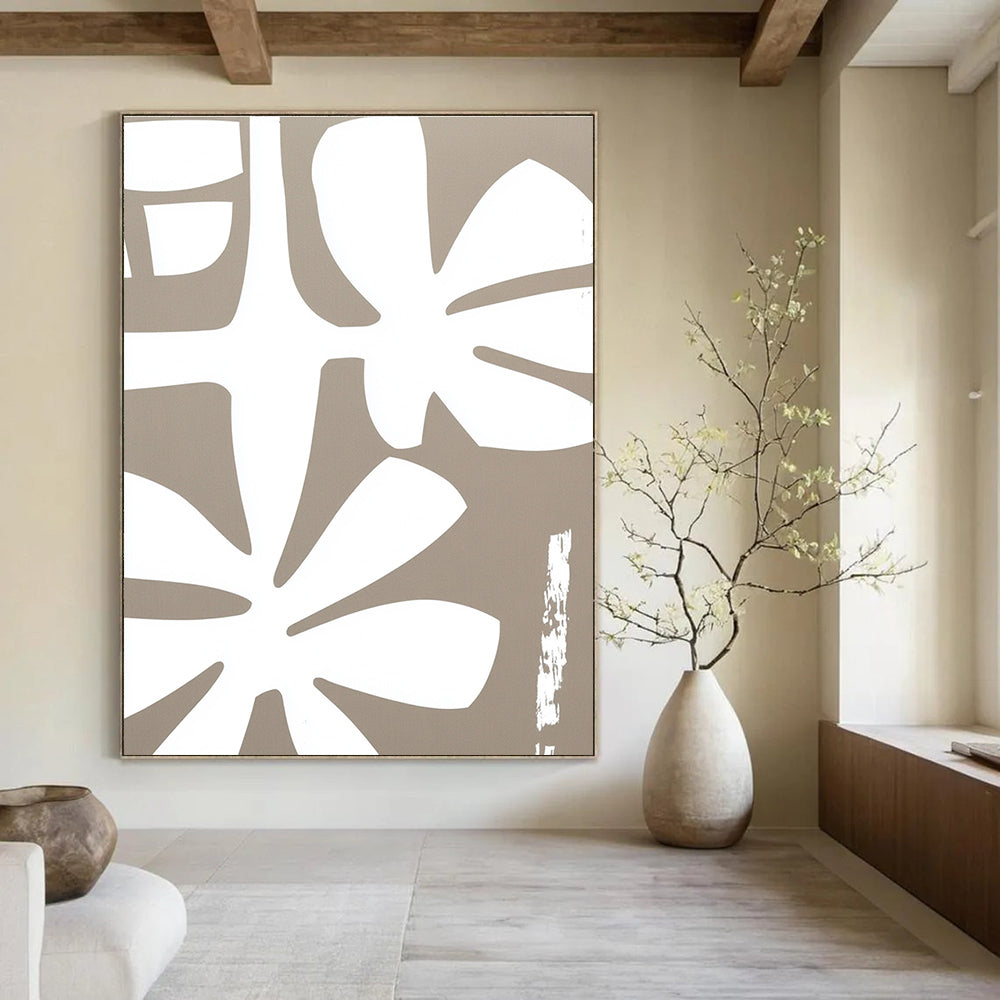White Floral Shapes on Beige - Stylized Botanical Art GAB0401