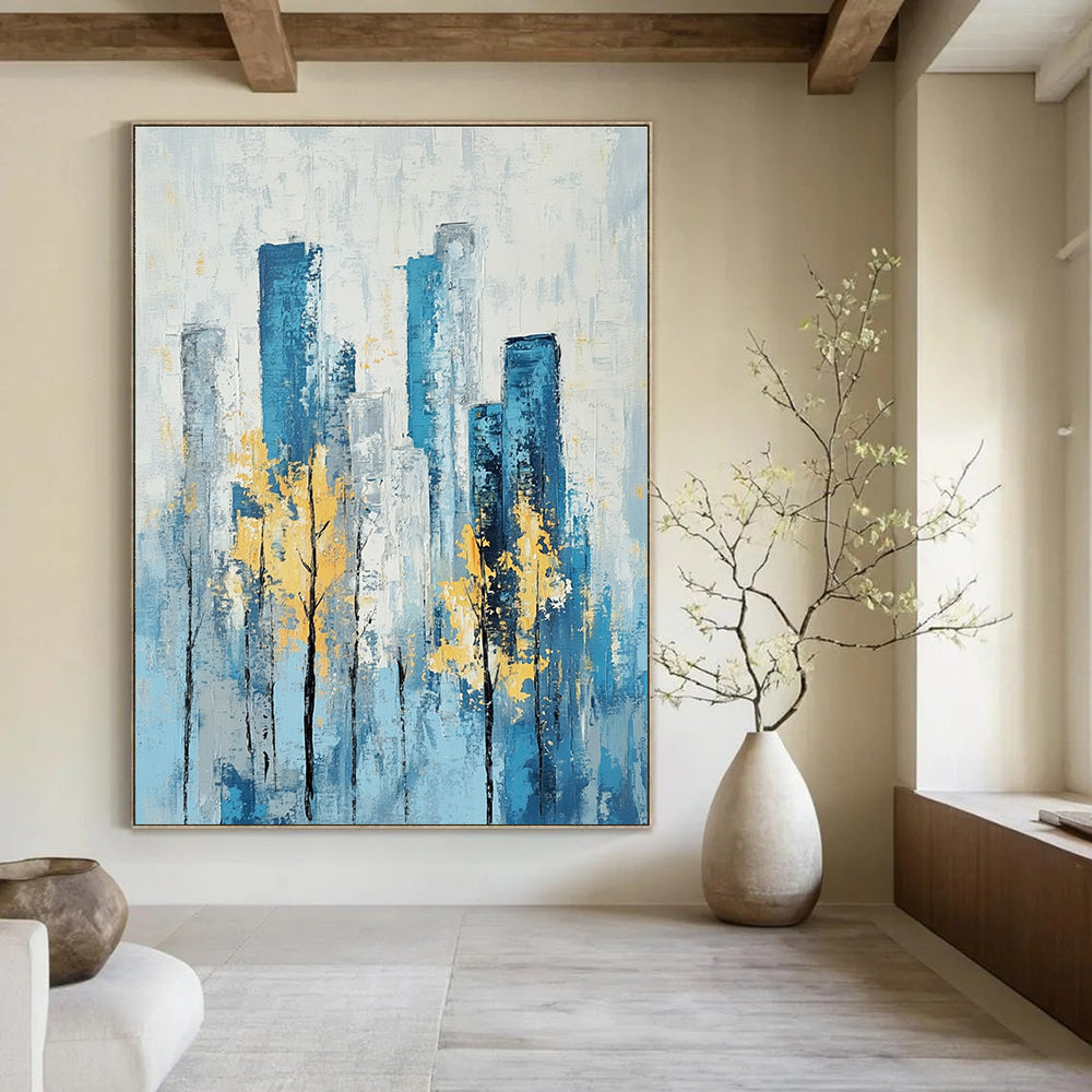 Blue Cityscape with Yellow Trees Serene Abstract Painting for Urban Homes GAB1402