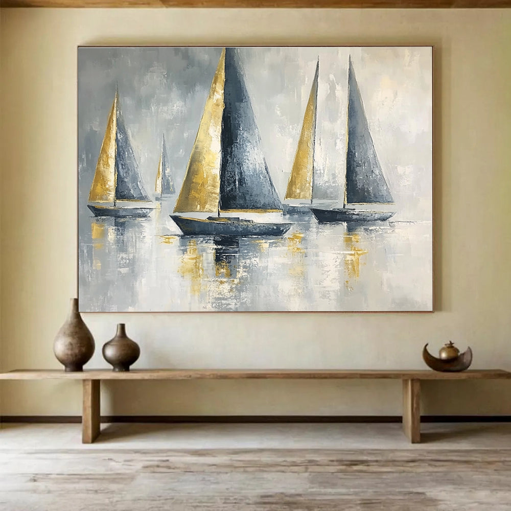 Sailboats with Gold Sails Abstract Painting with Luxe Maritime Vibe ABS607