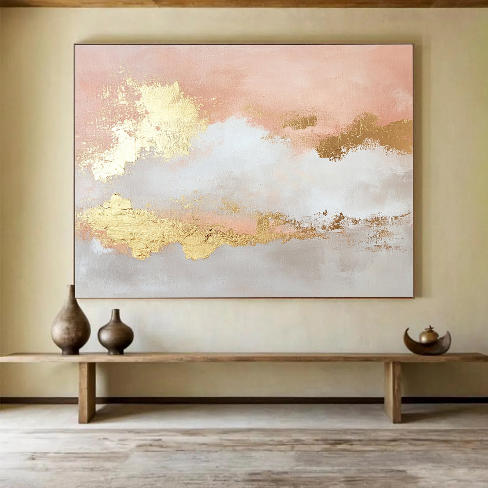 Pink and Gold Abstract Clouds Painting with Dreamy Tones ABS395