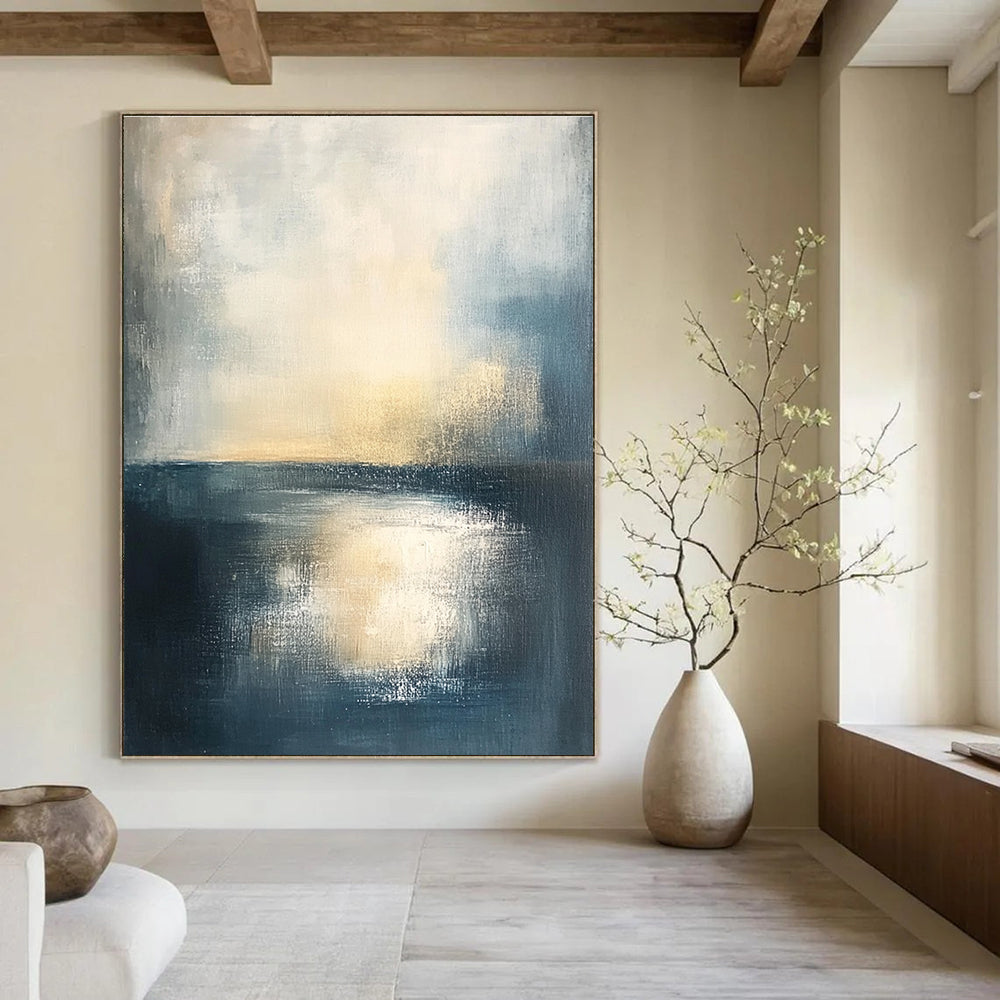 Serene Blue - Gold Sea Abstract Painting: Coastal Sunset Tranquility GAB0957