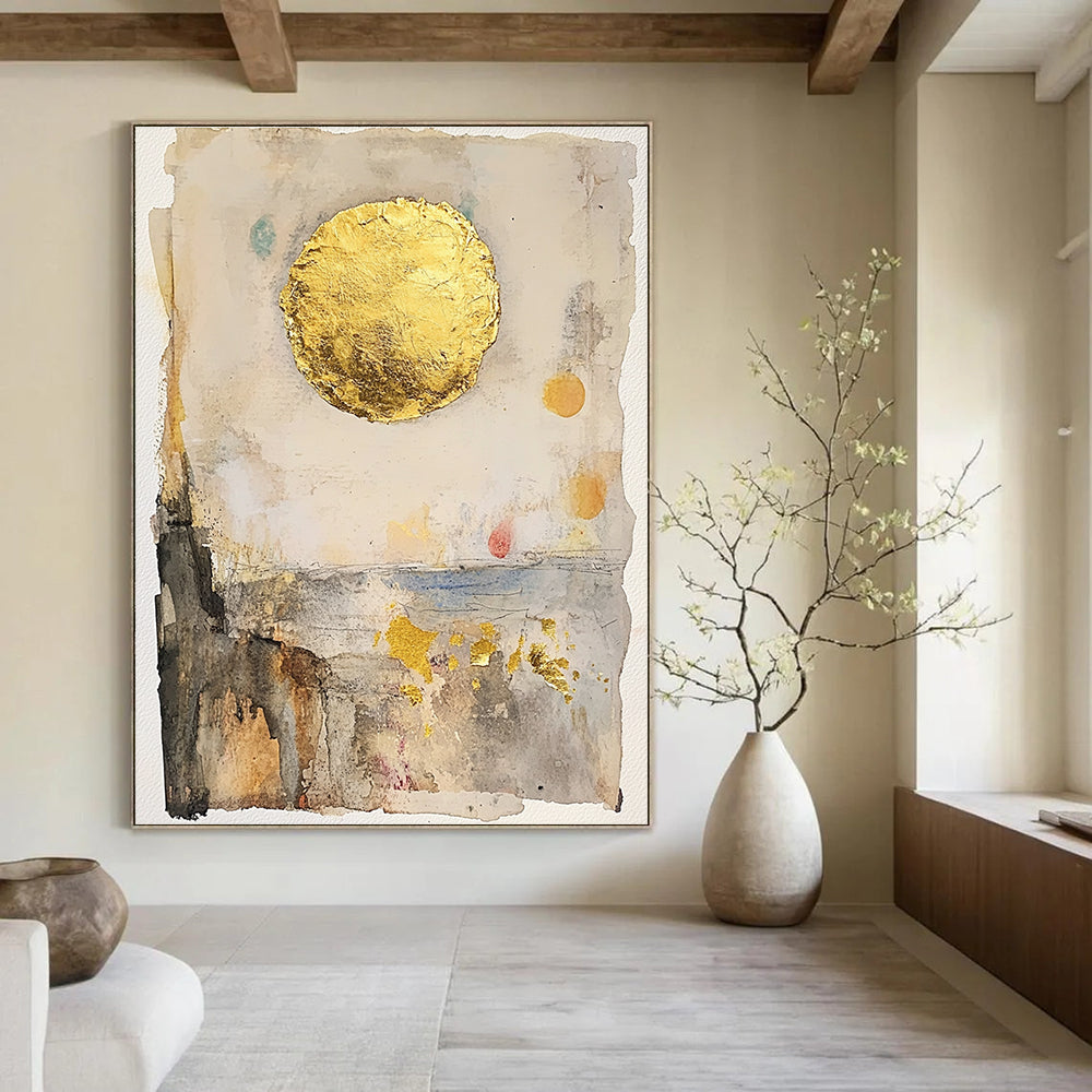 Gold Sun Abstract Painting with Textured Layers GAB0701