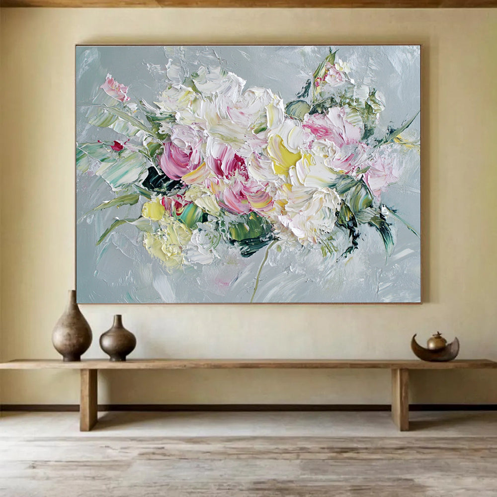 White and Pink Flower Bouquet Abstract Painting with Impasto ABS284