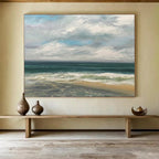 Cloudy Beach Scene Seascape Abstract Painting for Coastal Vibes YHT020