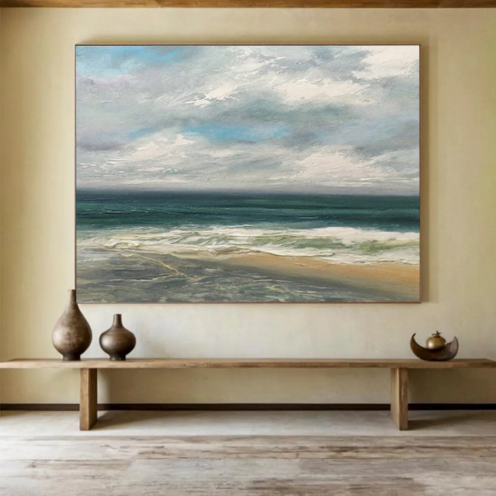 Cloudy Beach Scene Seascape Abstract Painting for Coastal Vibes YHT020