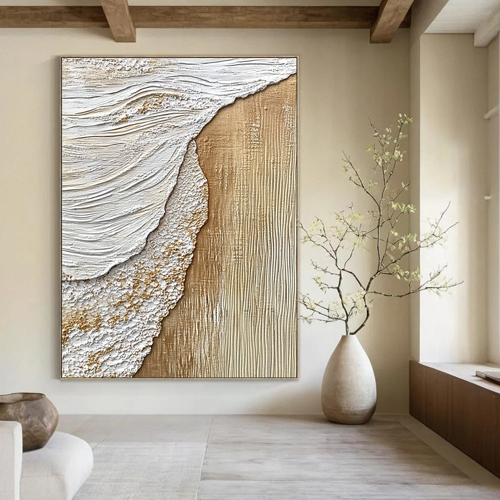 Beige and White Textured Shore Abstract Painting with Coastal Elements GAB0070