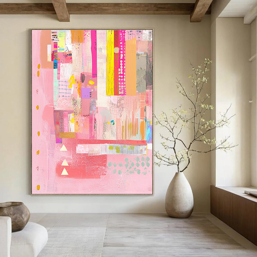 Pink Patchwork Collage Feminine Textile Abstract Painting GAB0244