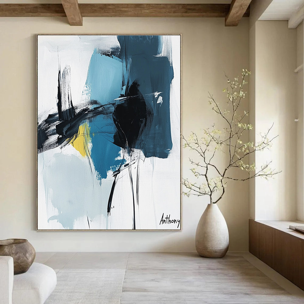 Bold Blue and Black Strokes Abstract Painting of Energetic Expression GAB0205