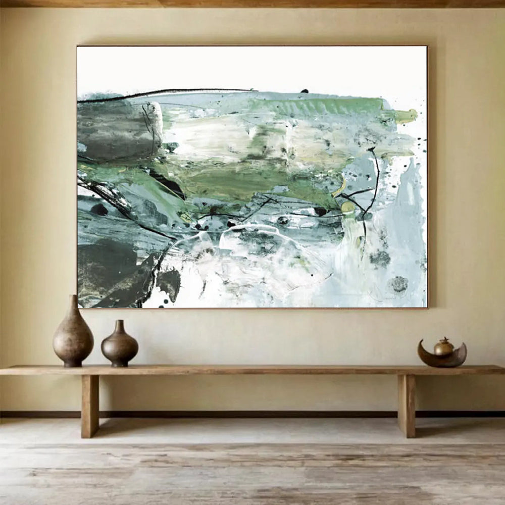 Green - Grey Abstract Painting for Eco - Conscious Spaces YHT139