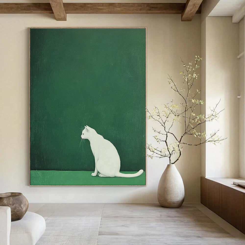 White Cat on Green Minimalist Abstract Painting for Calm Interiors GAB1520