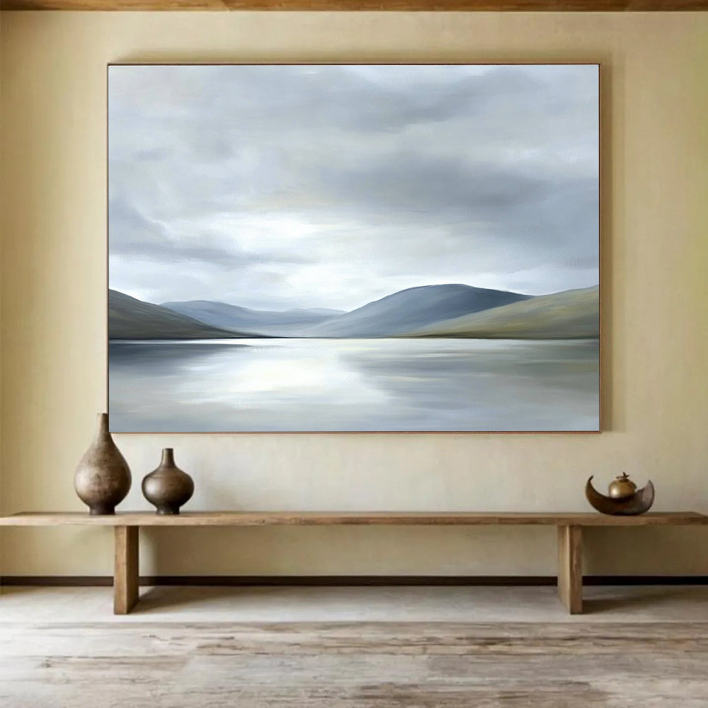 Gray Mountain Lake Abstract Painting with Muted Tones ABS290