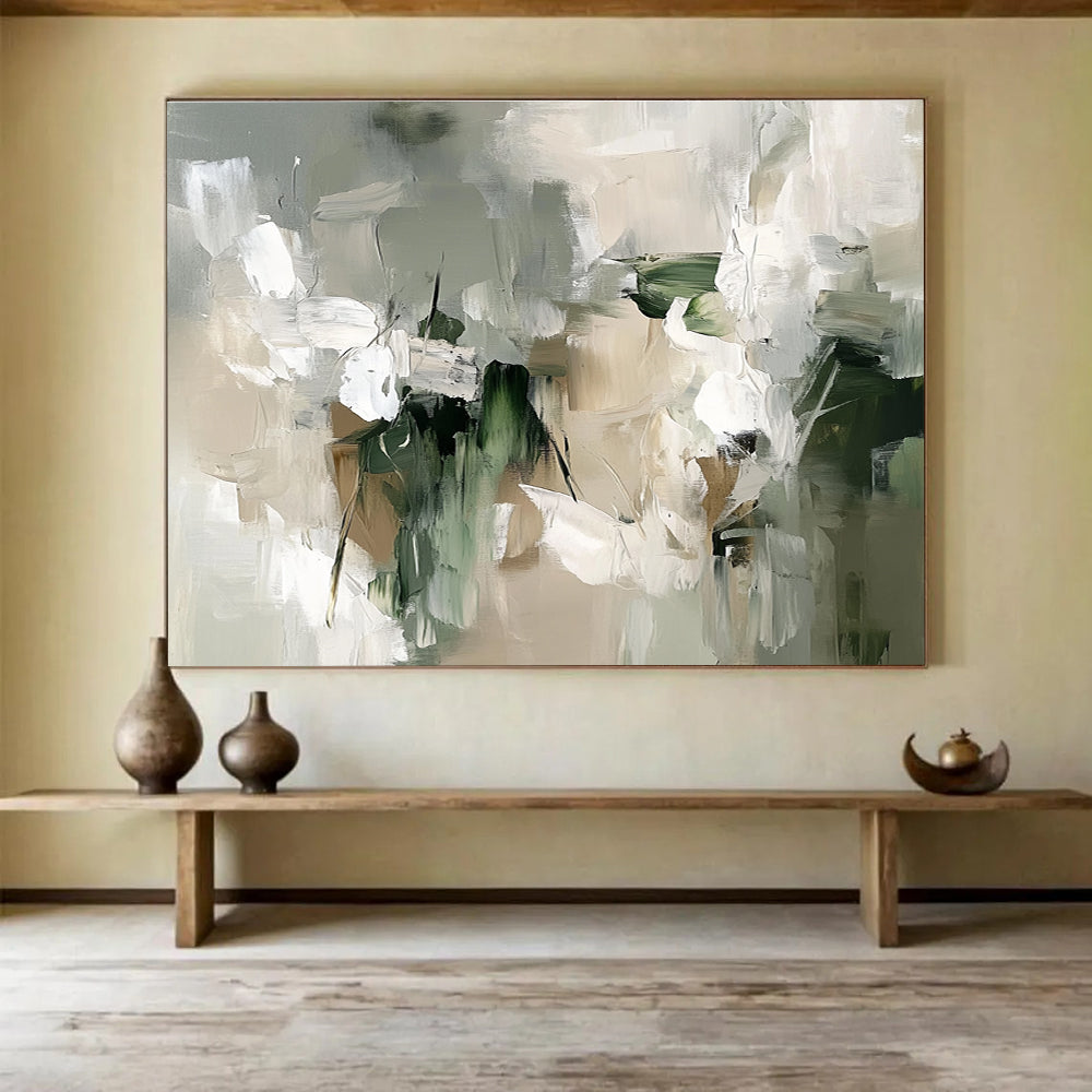 Gray - Green Abstract Blooms Painting with Subtle, Elegant Florals ABS509