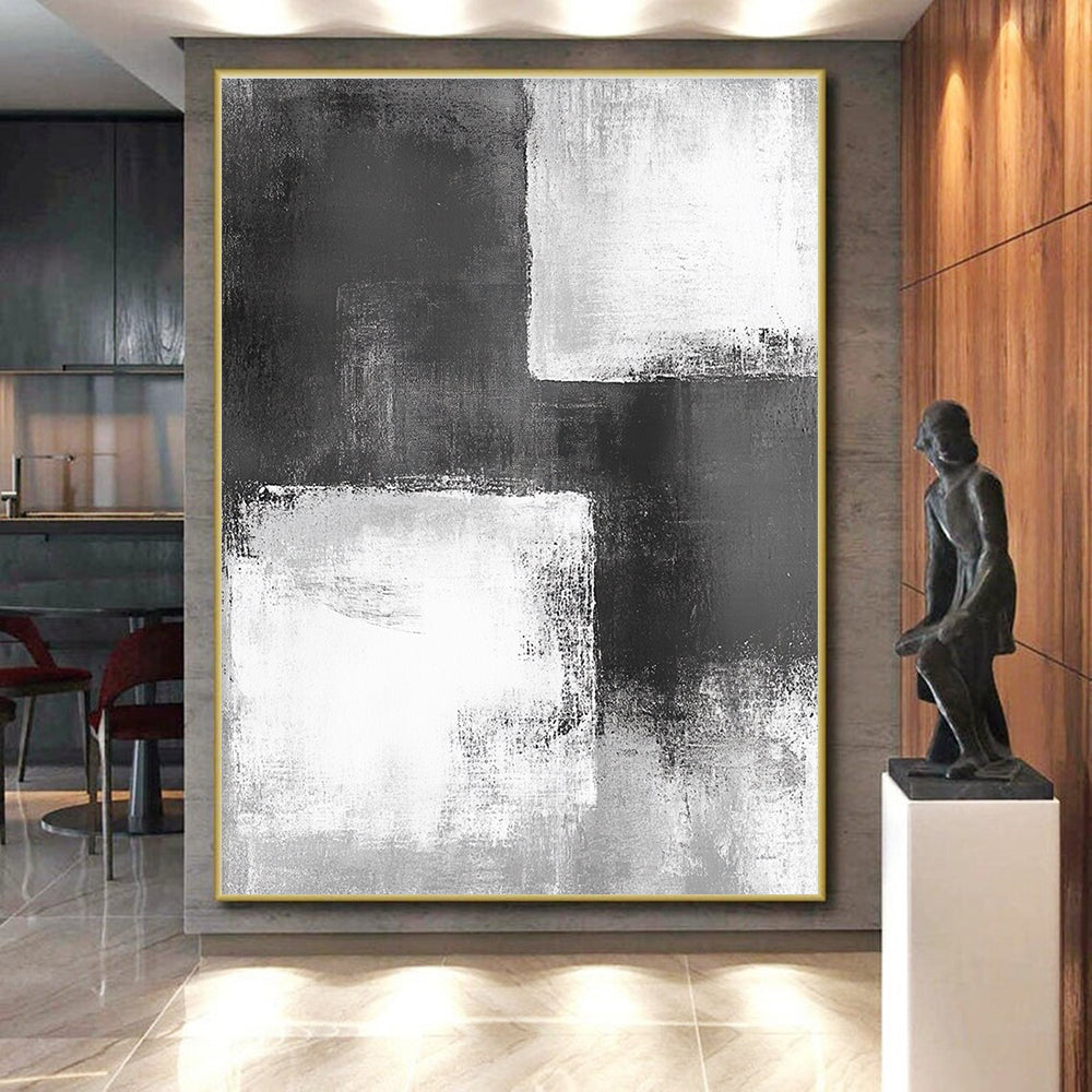 Black - White Abstract Squares Painting with Geometric Intrigue WINK421