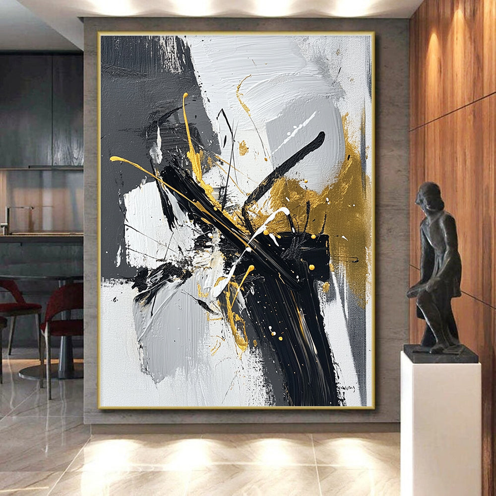 Black White and Gold Splash Abstract Painting with Dynamic Luxury WINK020