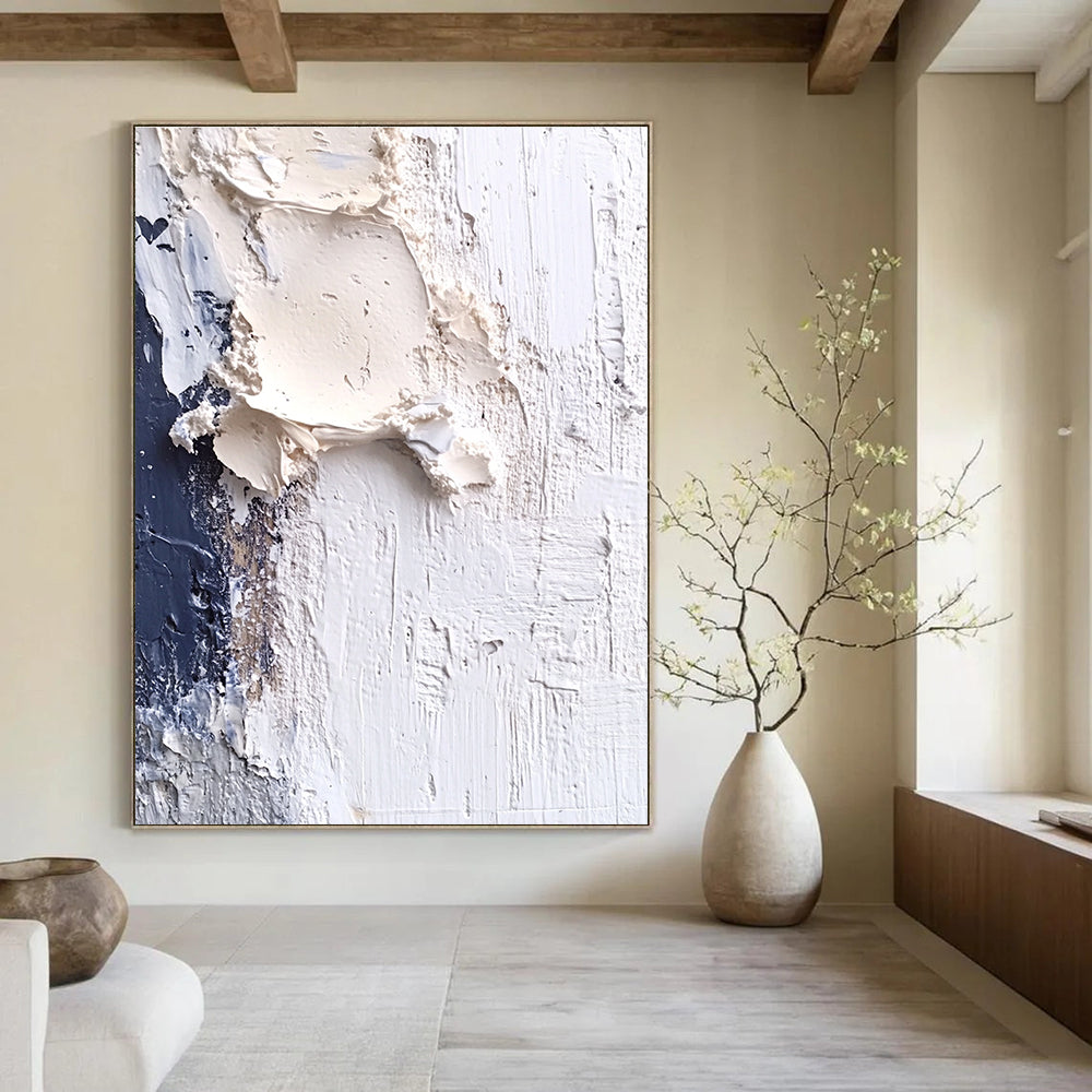 Textured White and Blue Abstract Painting for Coastal - Inspired Cafes GAB1009