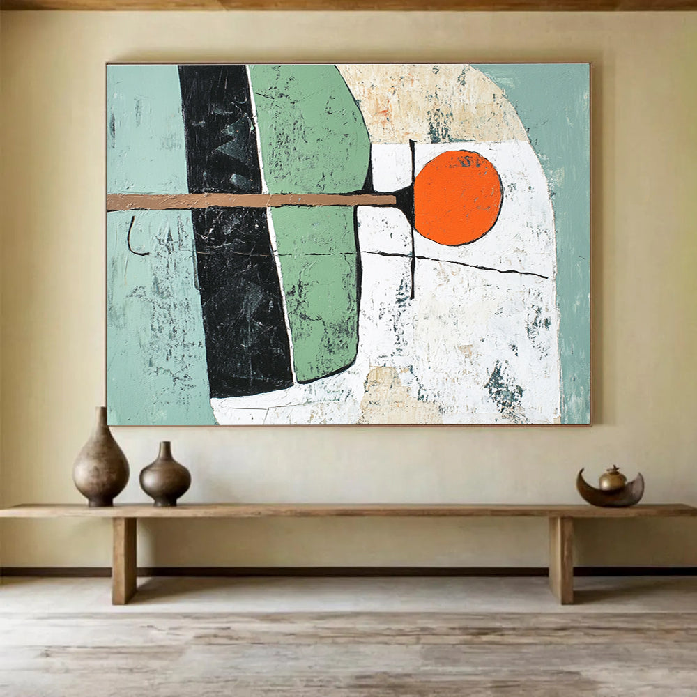 Green and Orange Geometric Shapes with Textured Background Abstract Painting ABS351