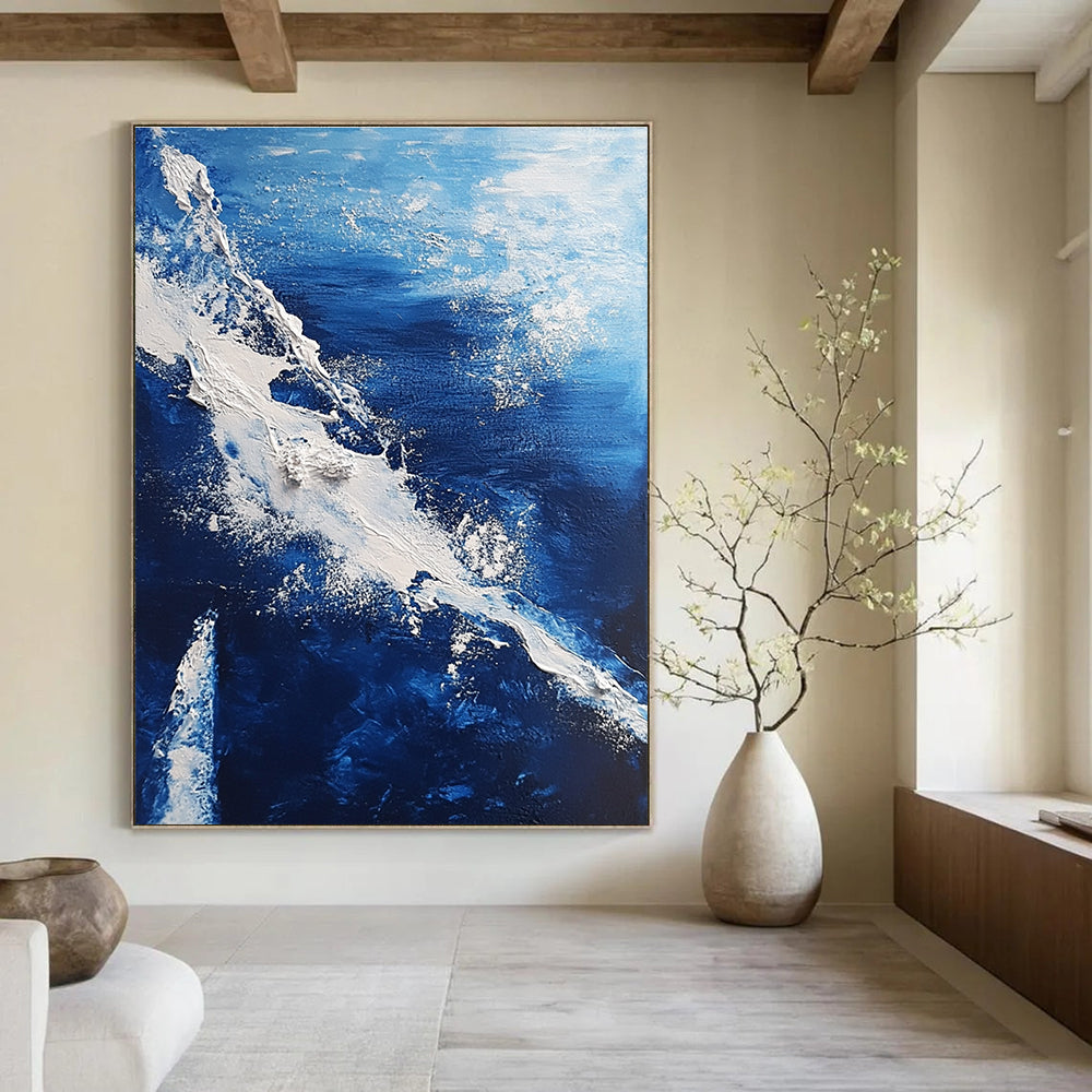 Blue and White Wave Abstract Painting for Coastal - Inspired Living Rooms GAB0802