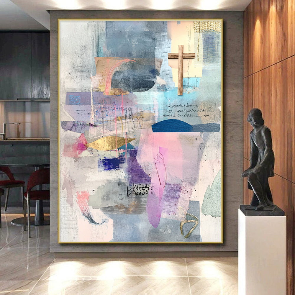 Cross and Color Collage Abstract Painting with Spiritual Whimsy WINK205