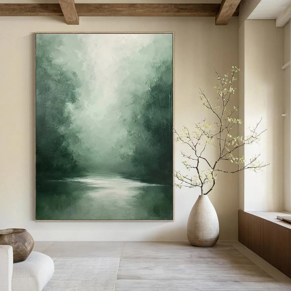 Misty Forest River Abstract Painting for Yoga Studio Relaxation Zones HENG024