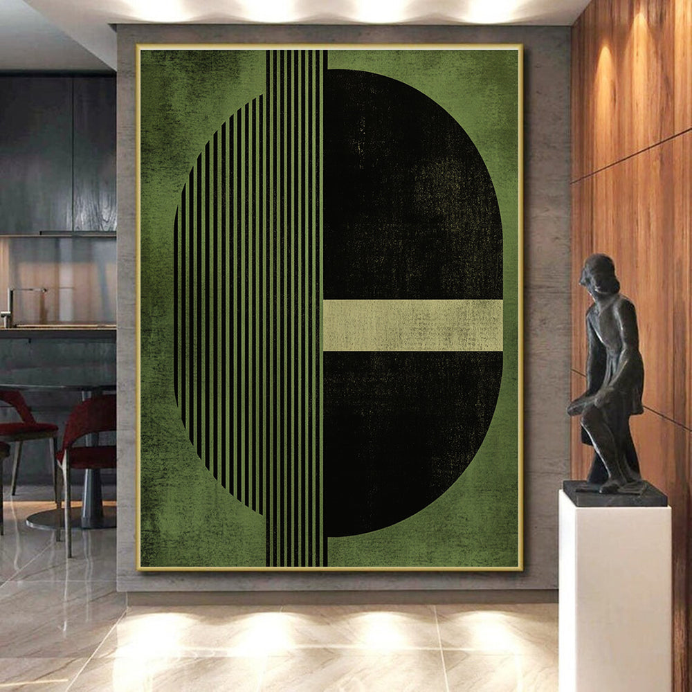 Geometric Green and Black Abstract Painting with Structured Elegance WINK151