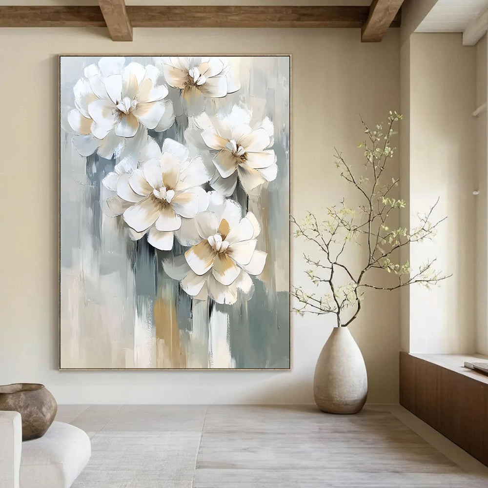 3D White Flowers Contemporary Abstract Painting for Elegant Spaces GAB1523