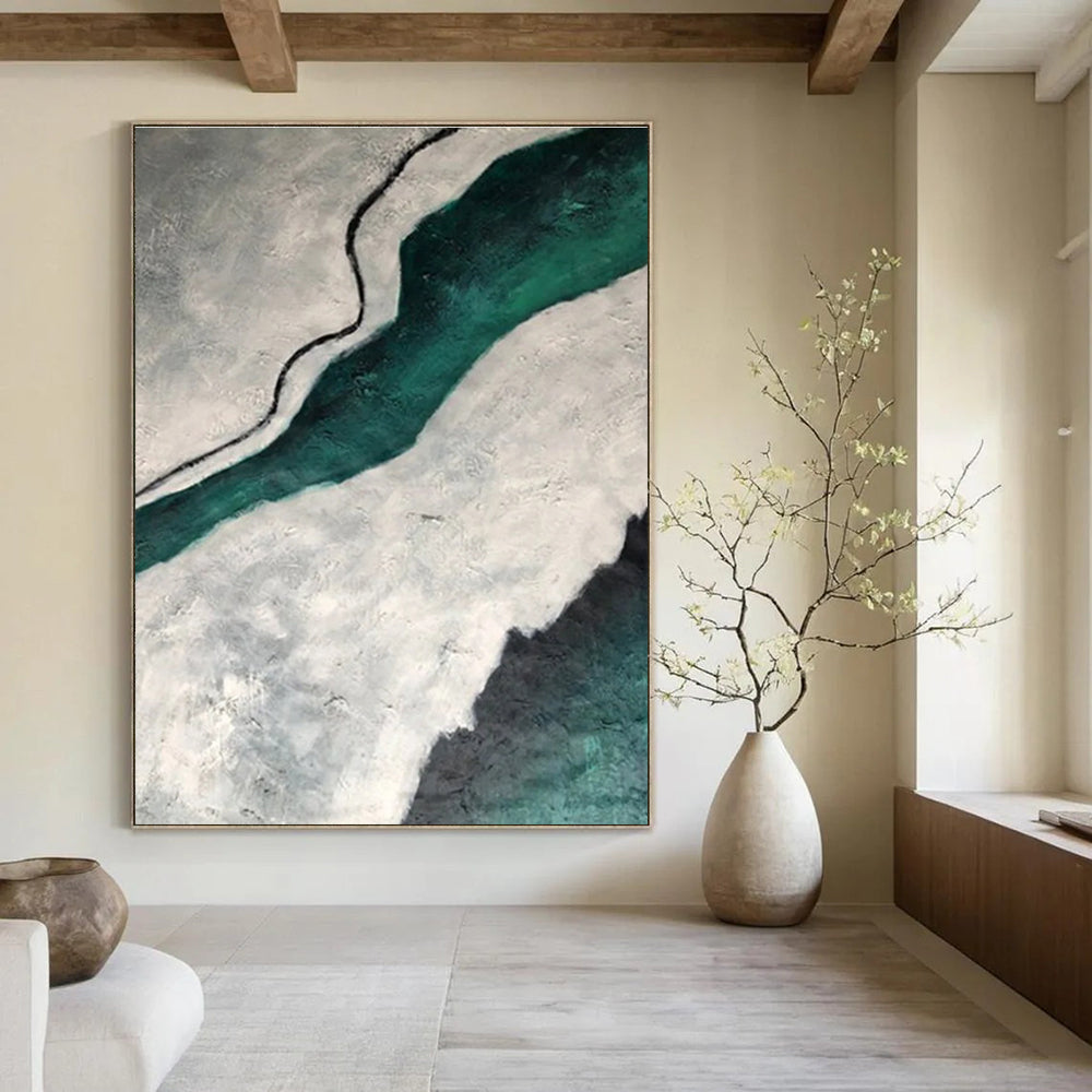 Gray - Green Textured River Abstract Painting for Nature - Inspired Studies HENG403