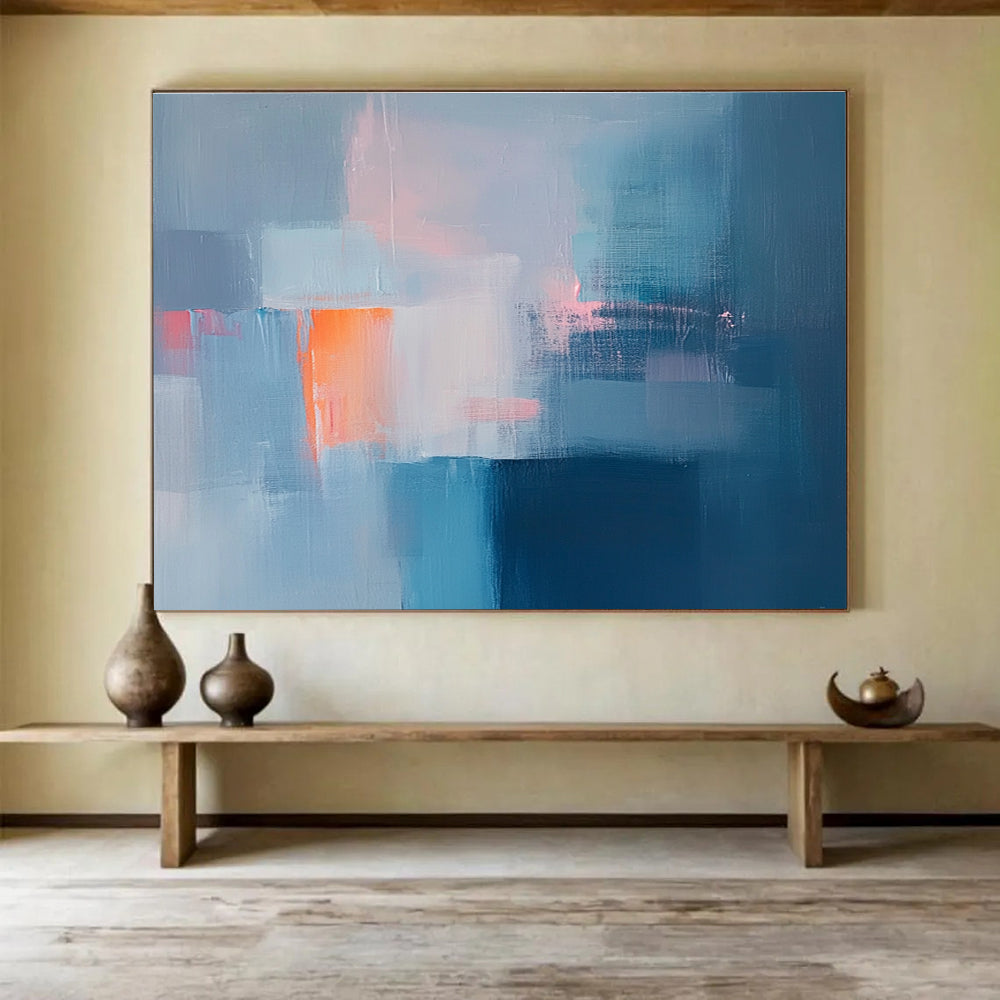 Blue and Orange Abstract Painting with Playful, Minimalist Blocks ABS477