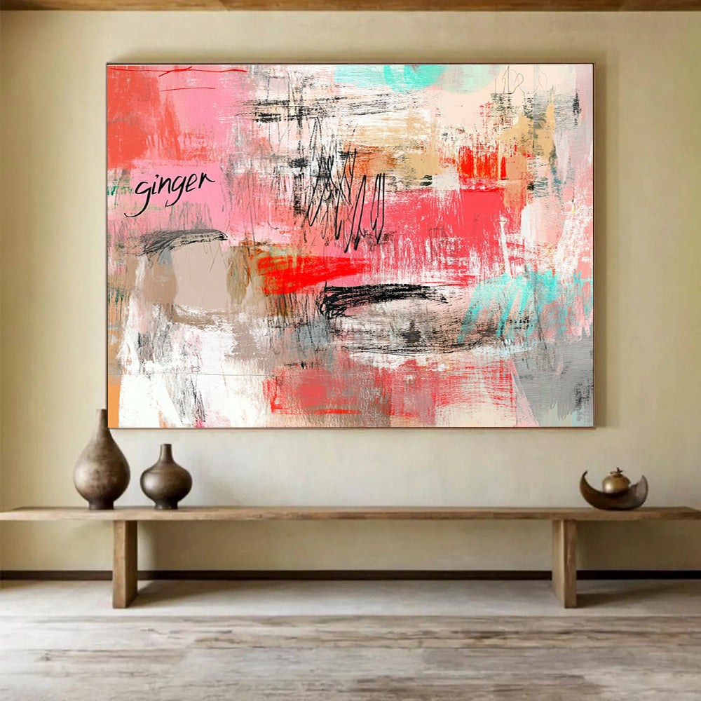 Pink and Gray Abstract Painting with Playful Text and Strokes ABS434