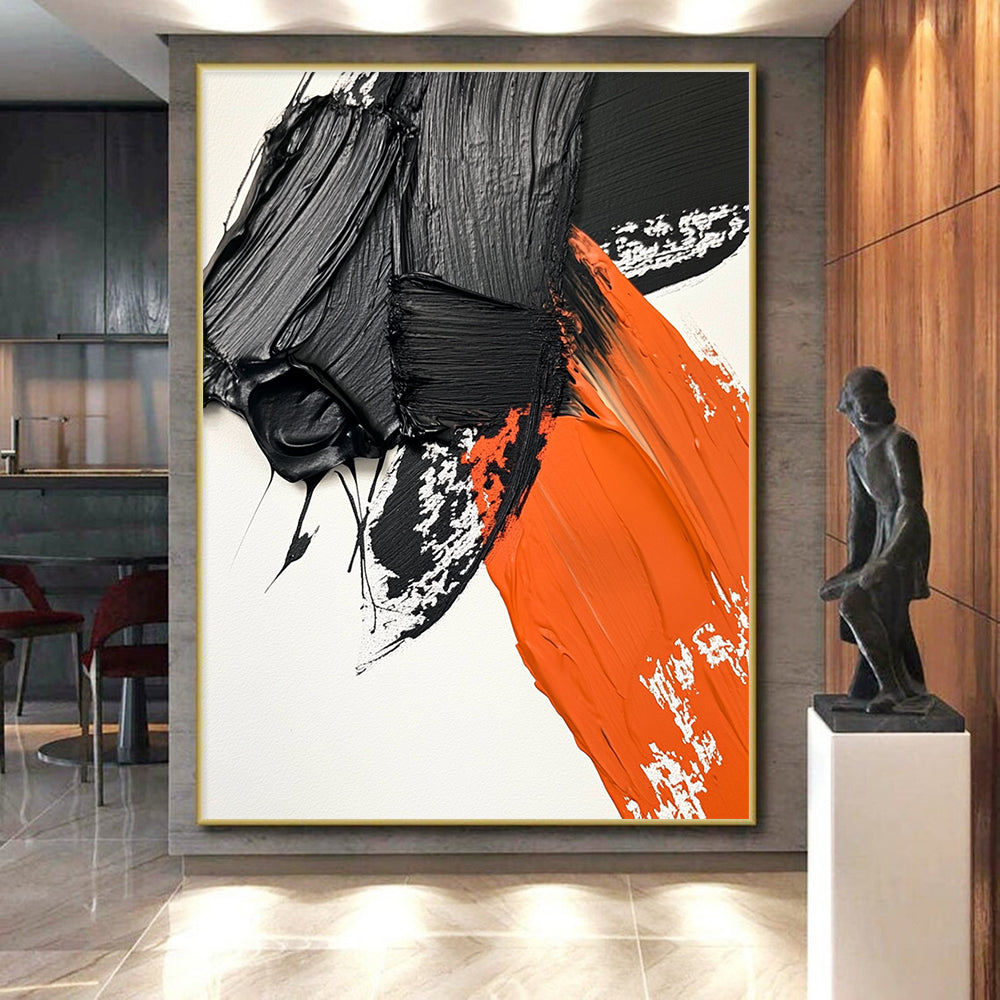 Black and Orange Textured Strokes Abstract Painting with Dynamic Energy WINK048