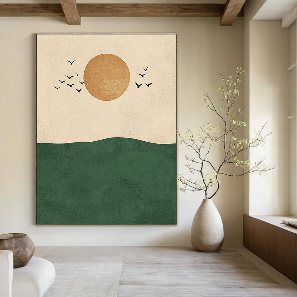 Sun Birds and Green Hill Abstract Painting for Nature - Inspired Living Rooms GAB1380