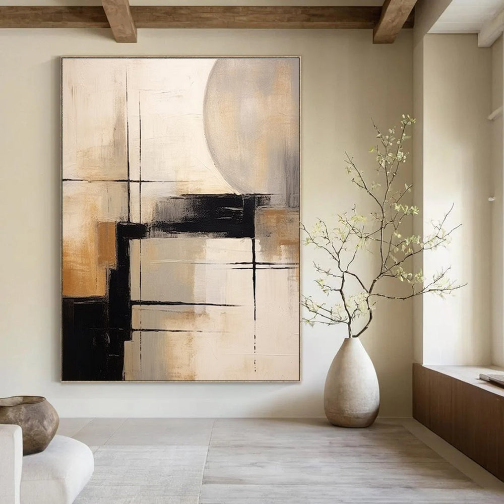 Geometric Abstract in Neutral Tones Abstract Painting for Sophisticated Dining Areas HENG356