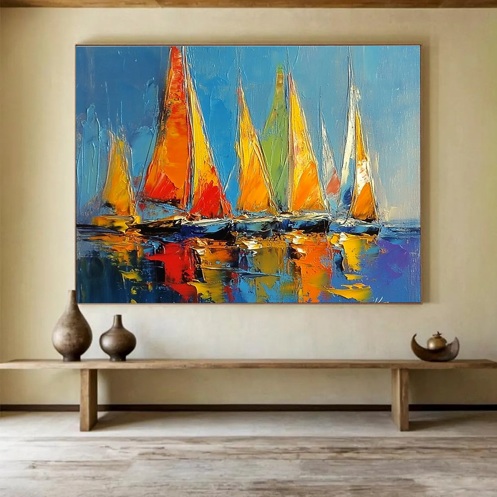 Colorful Sailboats Abstract Painting with Vibrant Maritime Energy ABS433