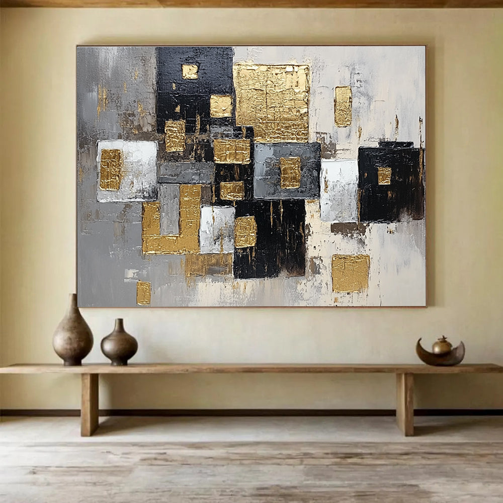 Gold - Accented Geometric Abstract Painting with Modern, Structured Beauty ABS476