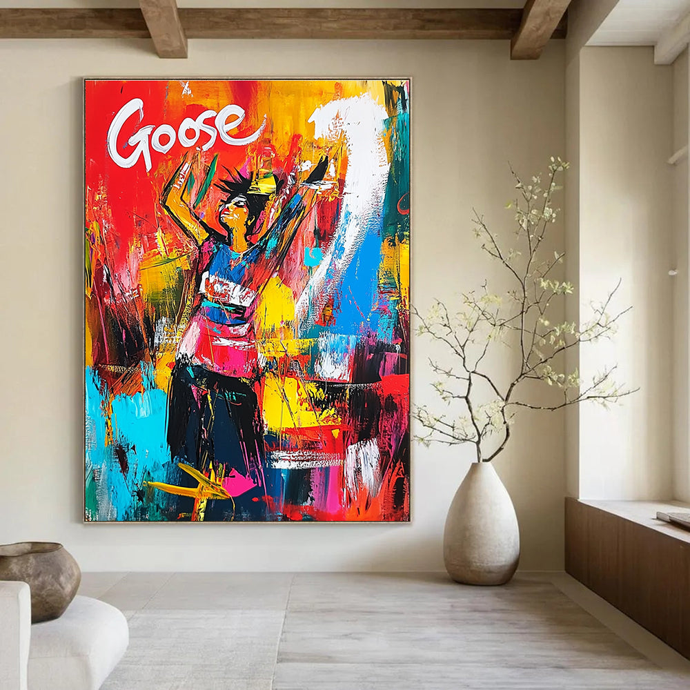 Colorful Figure with Goose Text Abstract Painting for Vibrant Event Spaces GAB1170