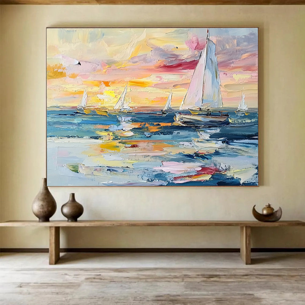 Sailboats at Colorful Sunset Abstract Painting with Vibrant Dusk Hues ABS603