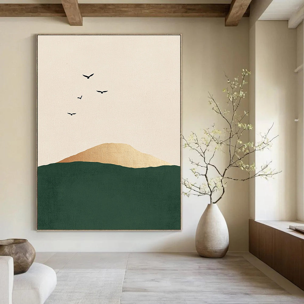 Birds Over Golden Hill Abstract Painting for Bohemian - Style Bedrooms GAB1383