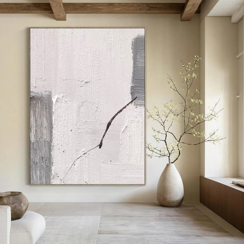 White and Gray Textured Fragment with Line Abstract Painting for Modern Art - Filled Hallways HENG363