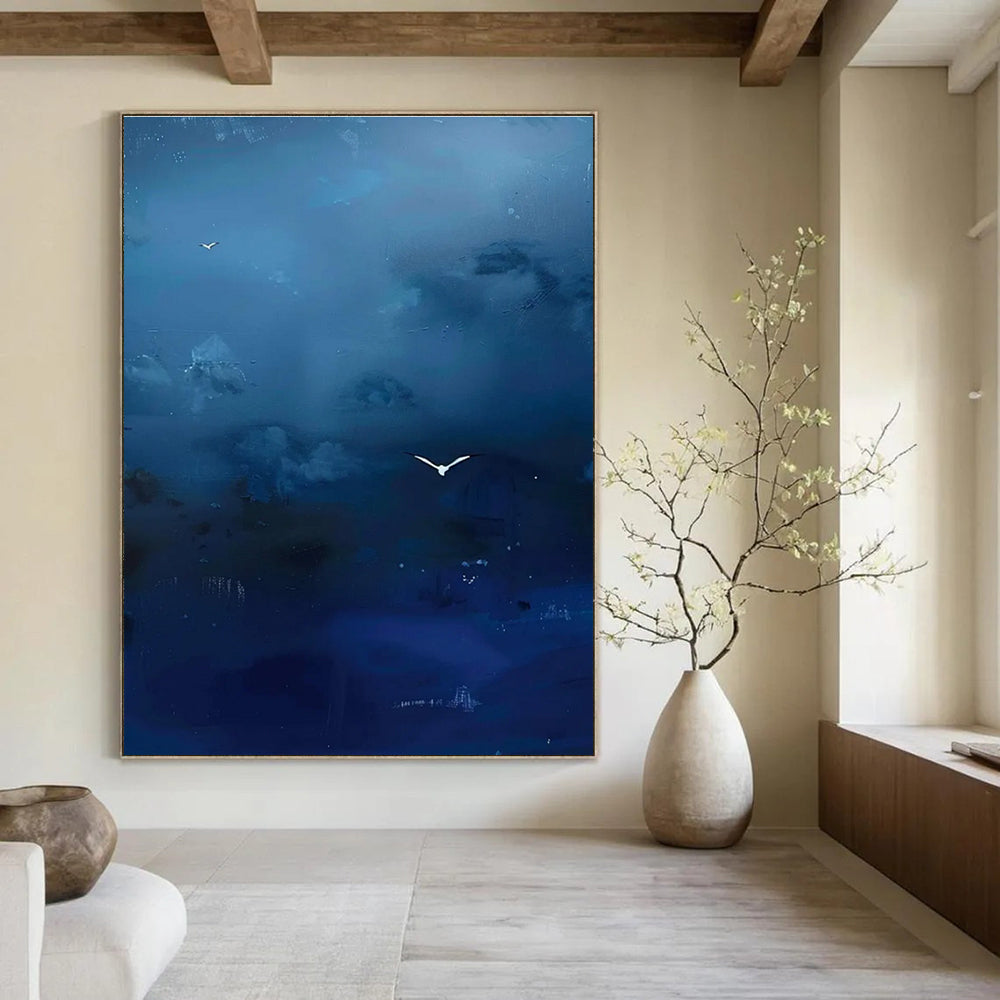Blue Sky with White Birds Abstract Painting for Coastal Home Offices HENG507
