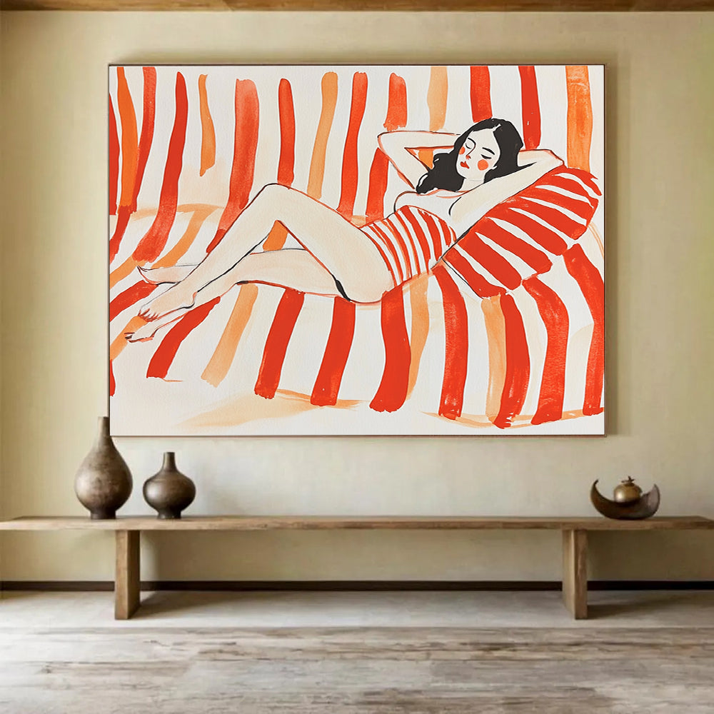 Relaxed Woman on Stripes: Carefree Summer Vibes Abstract Painting ABS164