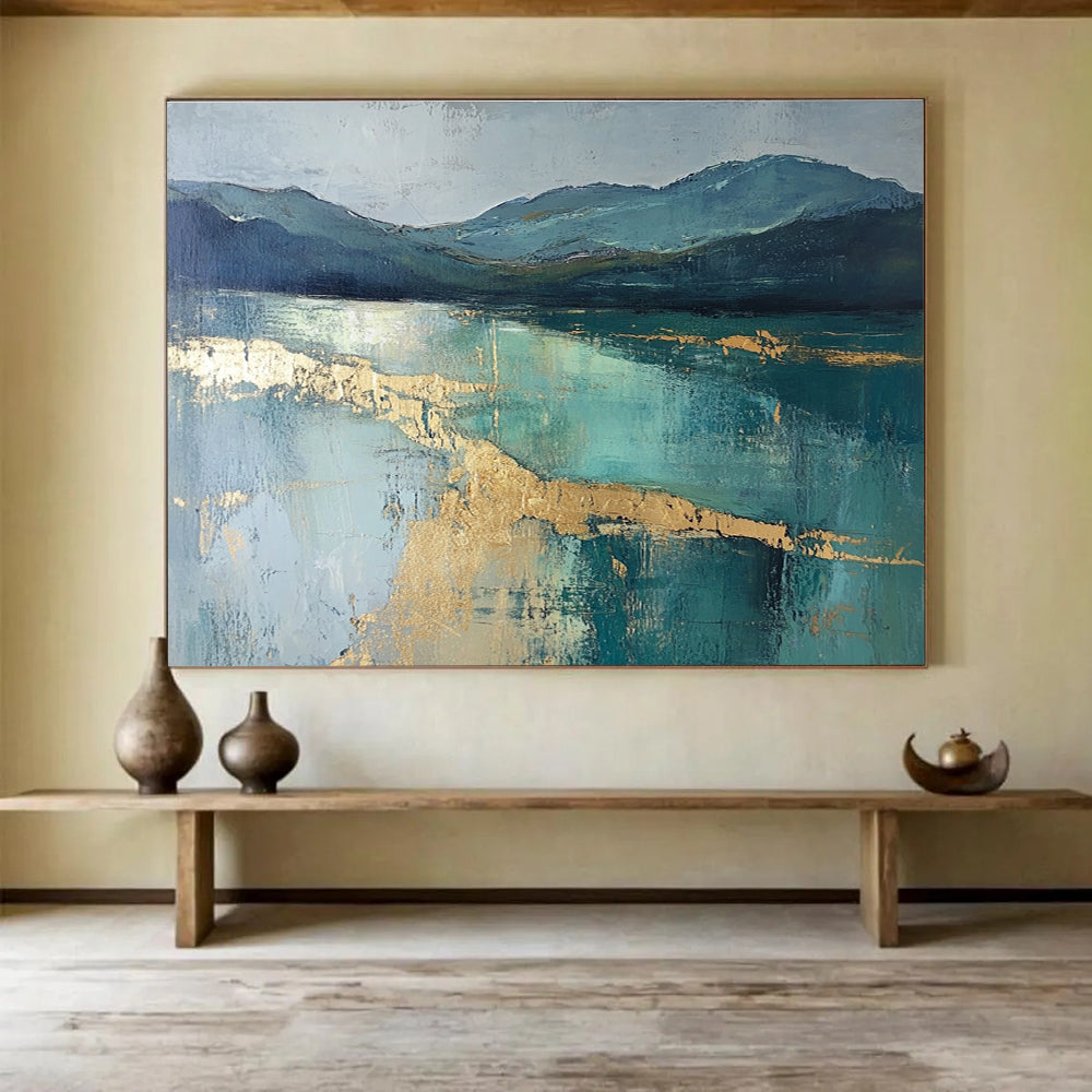 Mountain Lake Abstract Painting with Teal and Gold ABS266