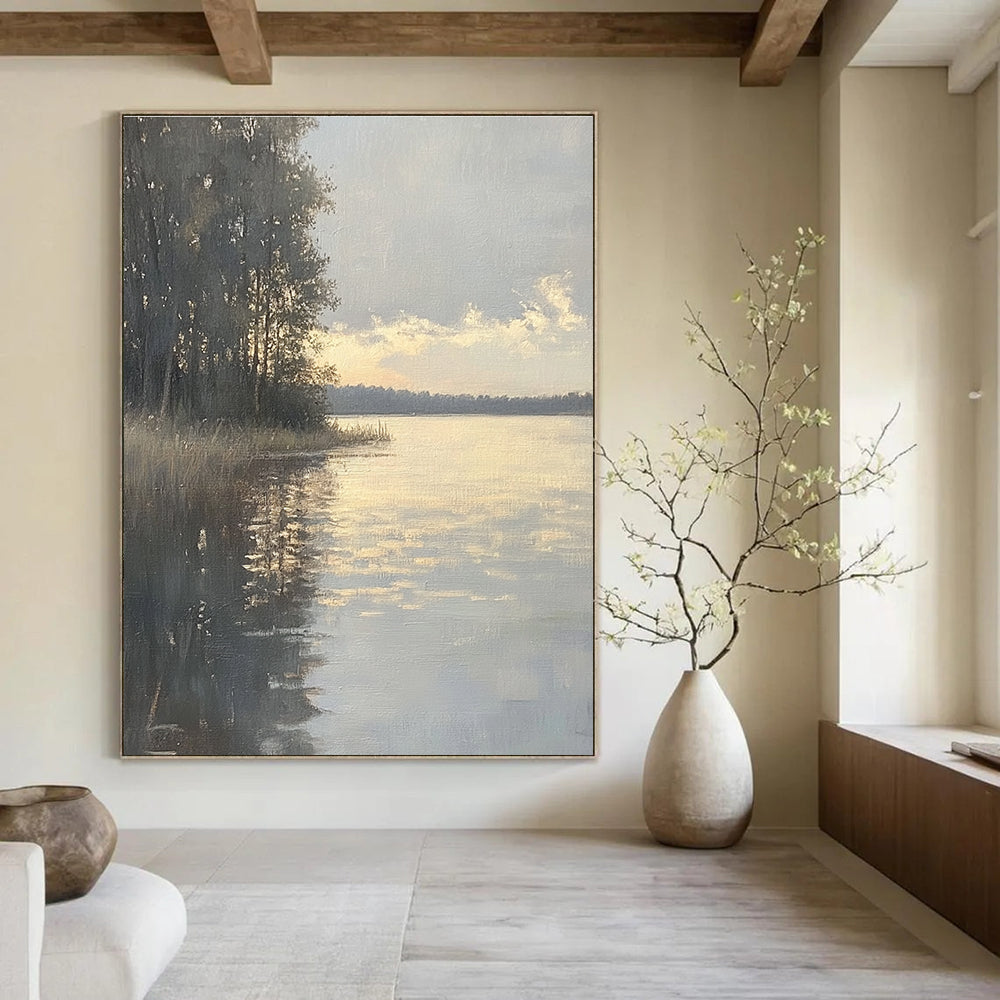 Lakeside Sunset Abstract Painting for Rustic Cottage Living Rooms GAB1302