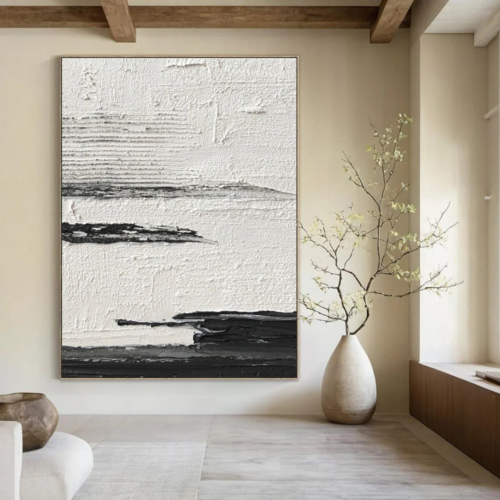 Black and White Textured Horizontal Layers Abstract Painting for Minimalist Bedrooms HENG369