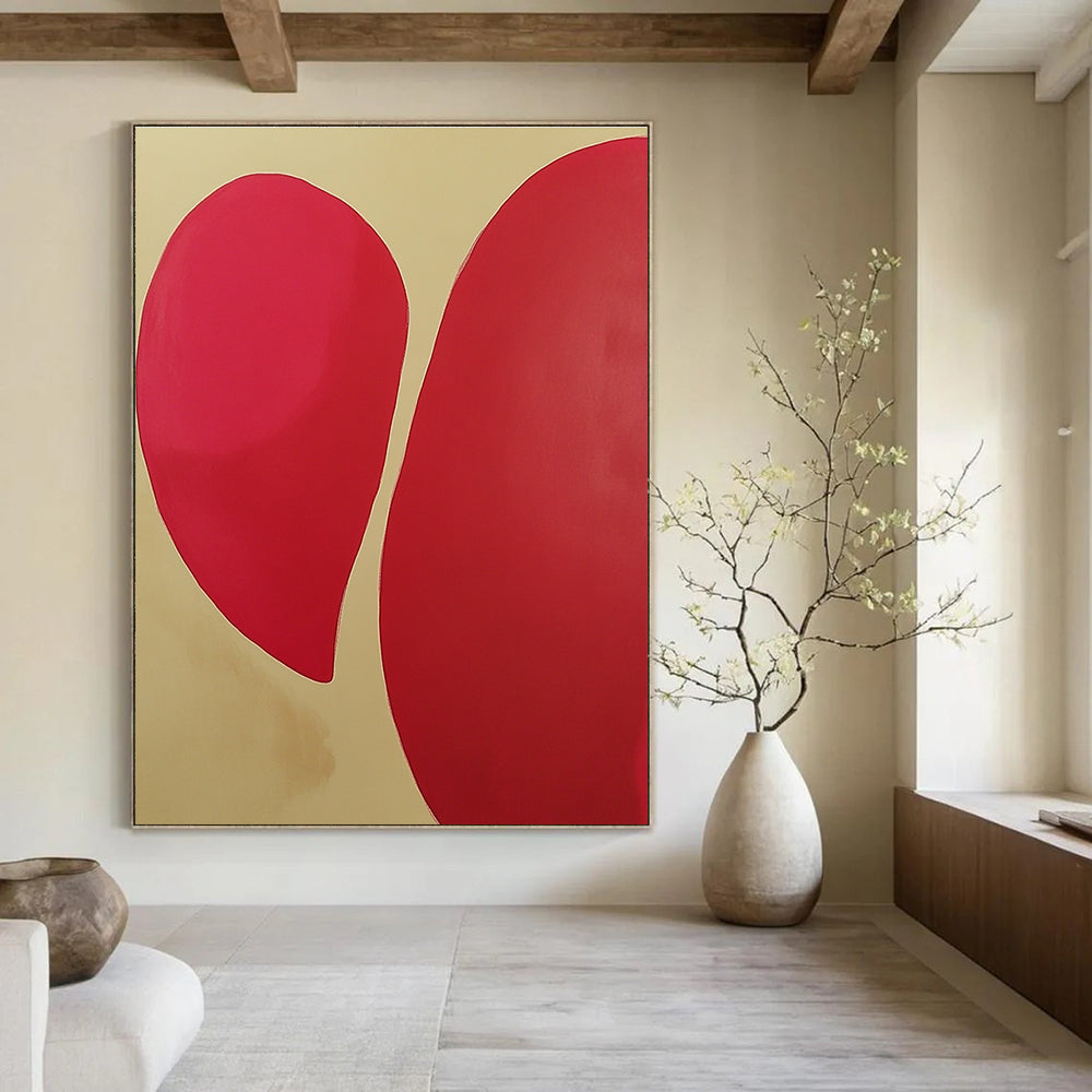 Geometric Red Shapes Abstract Painting on Beige GAB0674