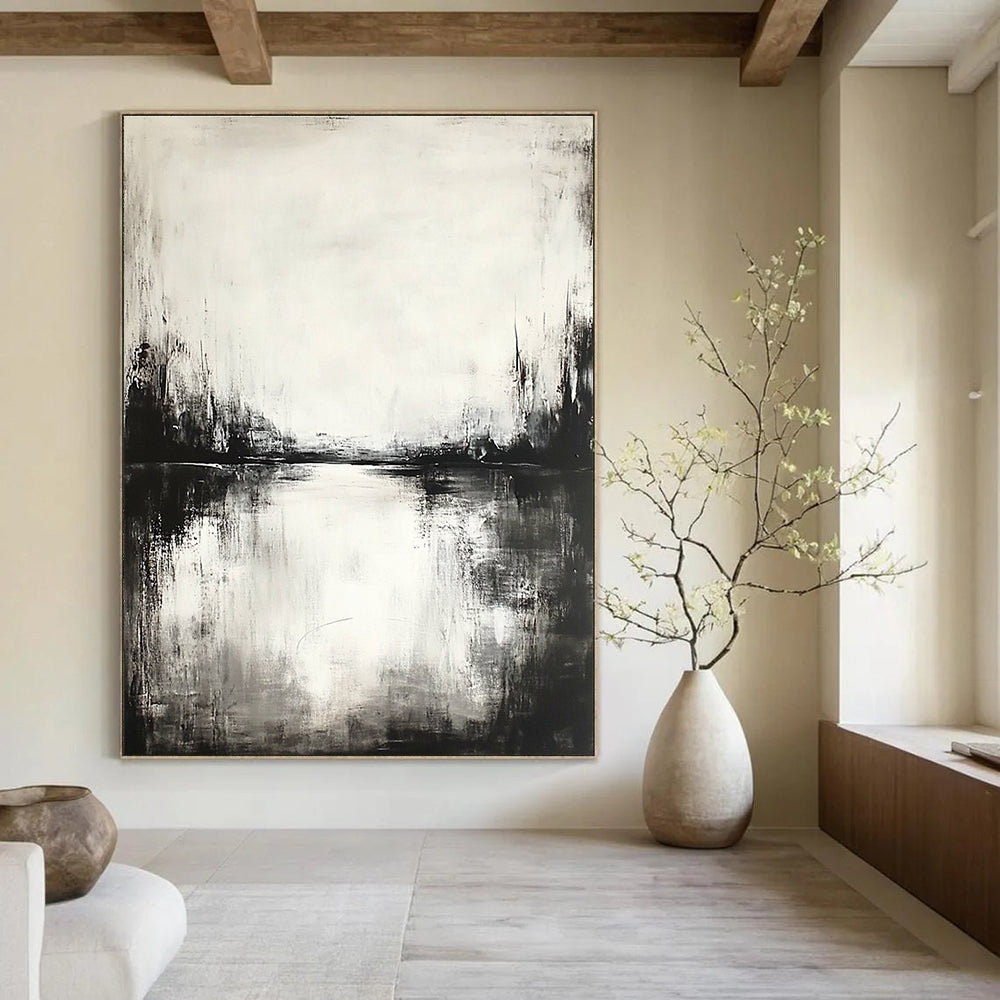 Black and White River Scene - Serene Minimalist Abstract Painting GAB0451