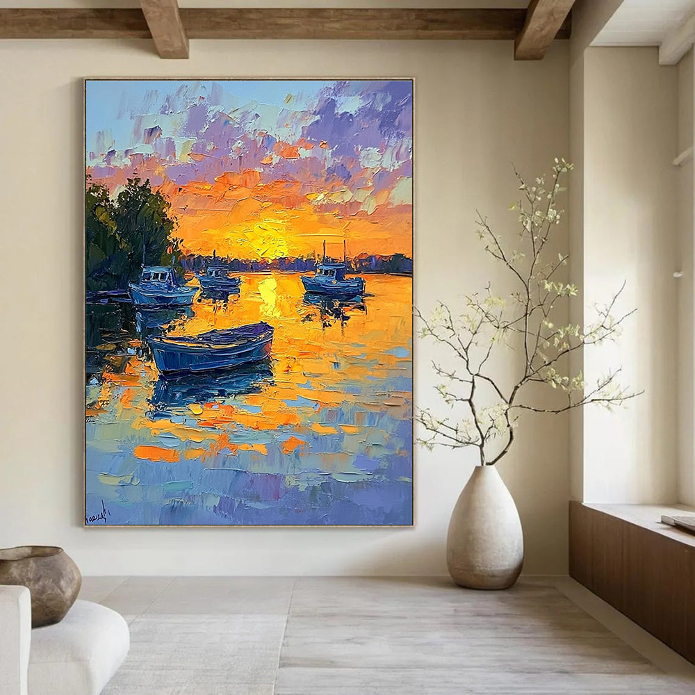 Sunset Boats on the Lake Impressionistic Abstract Painting for Relaxing Spaces GAB1434