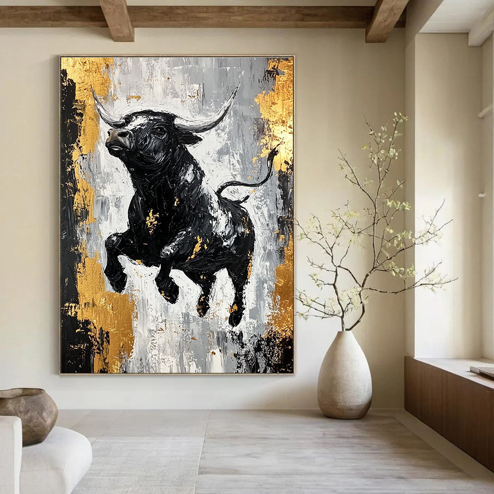 Dynamic Black Bull with Gold Accents Abstract Painting GAB0032