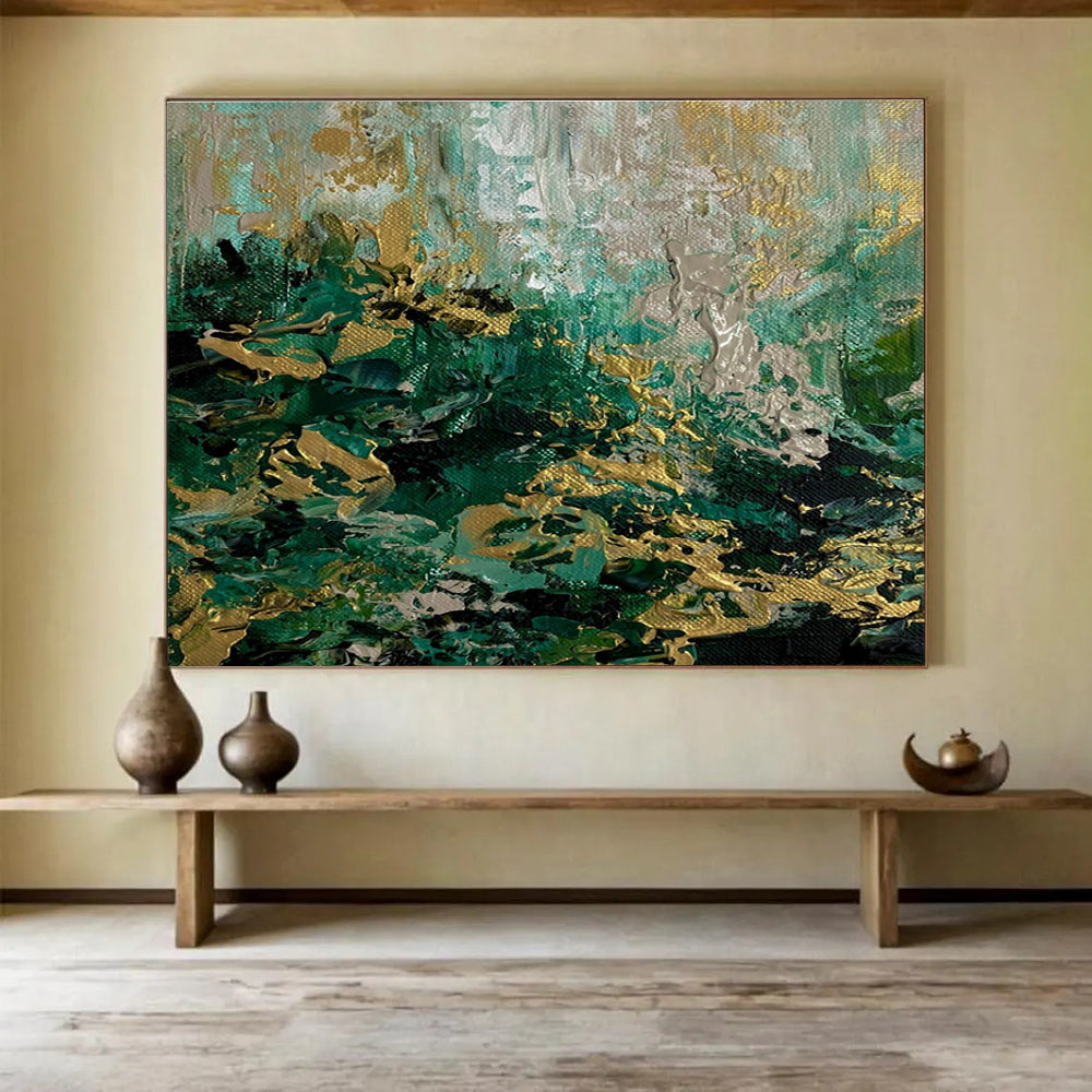 Green and Gold Abstract Waves Painting for Coastal - Inspired Spas YHT334