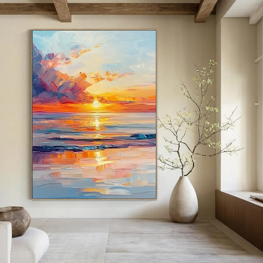 Fiery Sunset Sea Abstract Painting with Dynamic Brushstrokes GAB0016