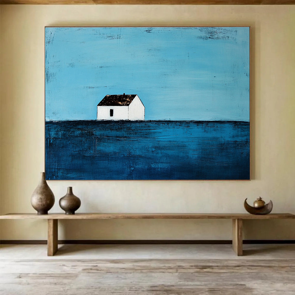 Serene Solitary House Art Capturing Peace and Contemplation in Minimalist Style Abstract Painting ABS144
